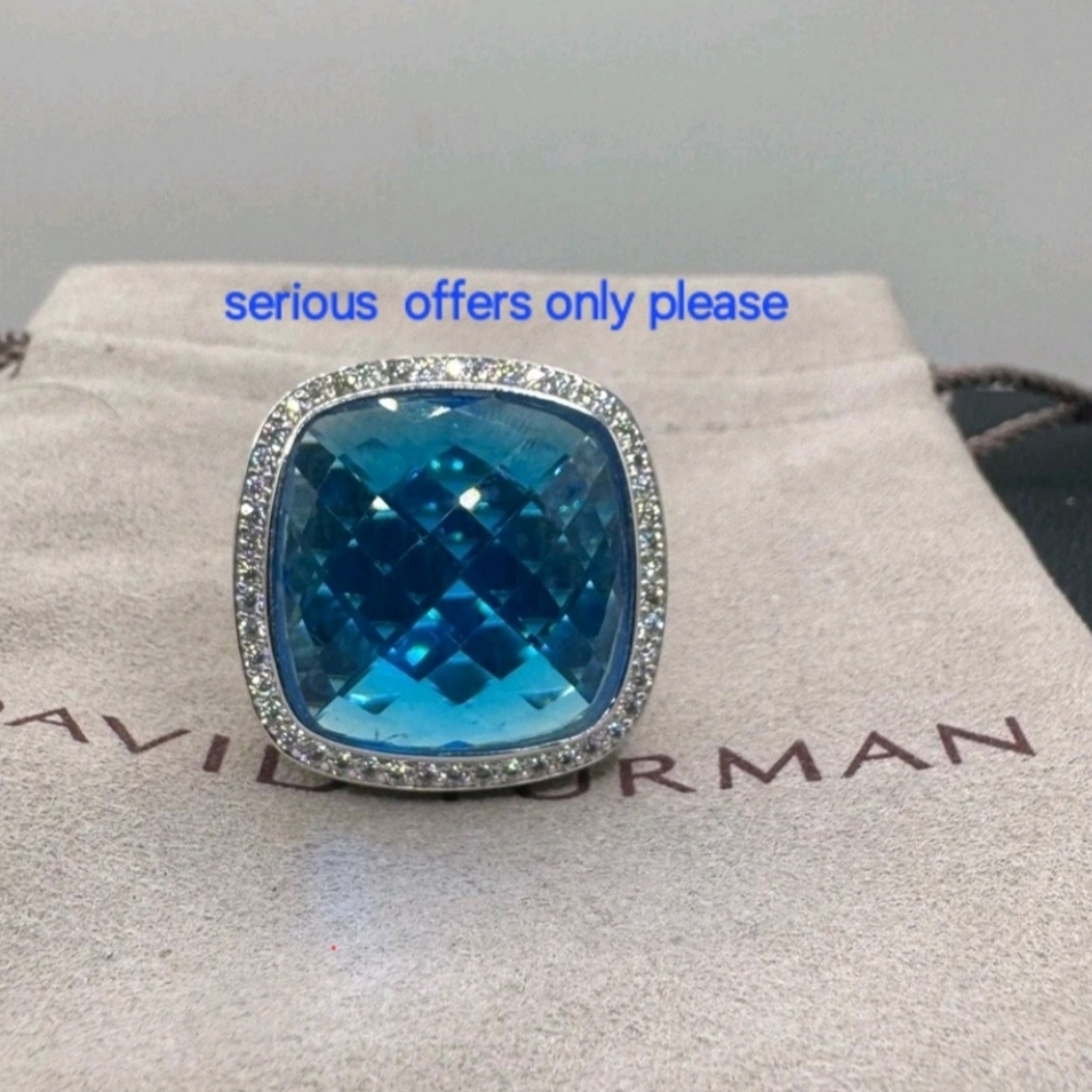 David/Yurman Albion 925 Silver 20mm Albion Blue Topaz & Pave Ring Sz 7